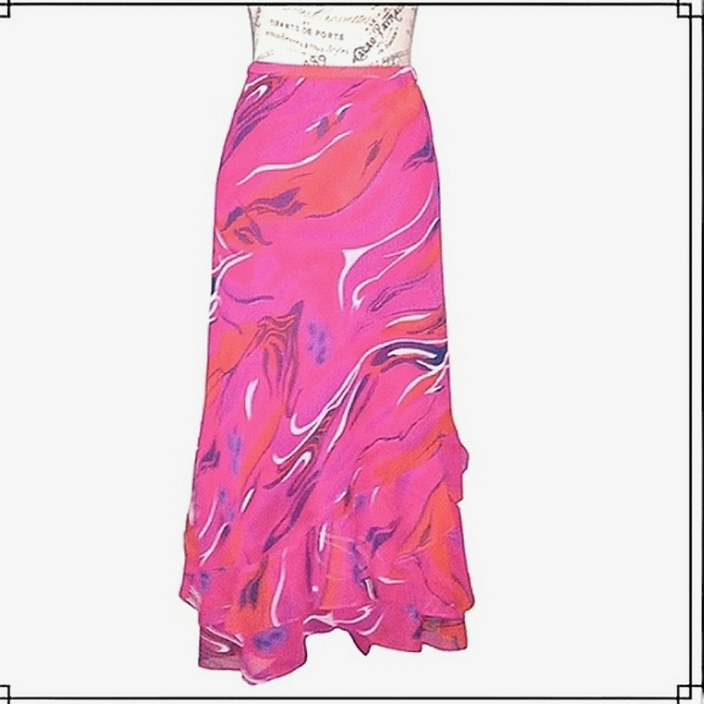 Vintage Phool Vibrant Asymmetrical Ruffle Hilo Maxi Skirt